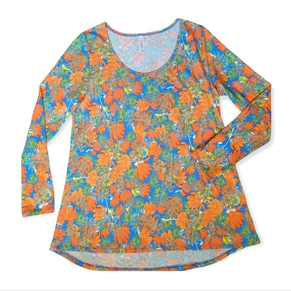 LULAROE VIBRANT LONG SLEEVE ORANGE FLORAL TOP - L